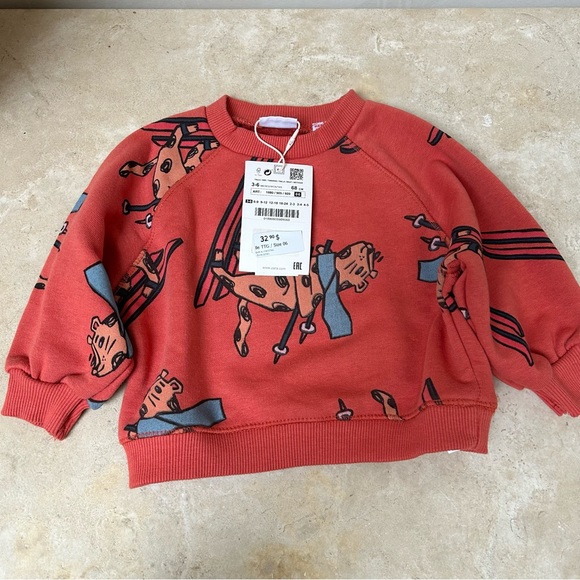 Zara Other - Zara baby size 3-6m unisex sweatshirt burnt orange w/ skiing tigers print NWT!